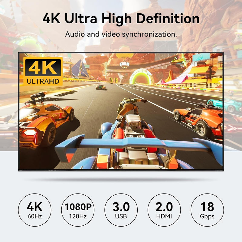 NÖRDIC HDMI KVM-switch 4 datorer 1 skärm 4K 60Hz 1080p 120Hz 4xUSB-enheter