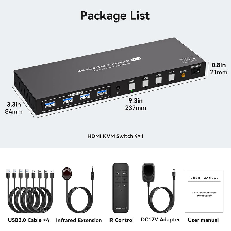 NÖRDIC HDMI KVM-switch 4 datorer 1 skärm 4K 60Hz 1080p 120Hz 4xUSB-enheter