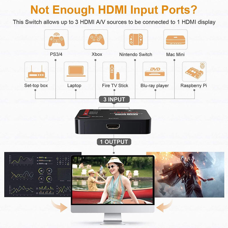 NÖRDIC HDMI Switch 3 till 1 stöd för 4K 30Hz Full HD1080P 3D ARC 10,2Gbps