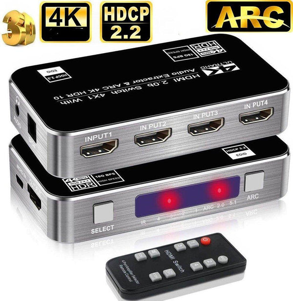 NÖRDIC HDMI Switch 4 till 1 med Audio Extractor och ARC 4K30Hz MHL Dolby True SPDIF Stereo 3D