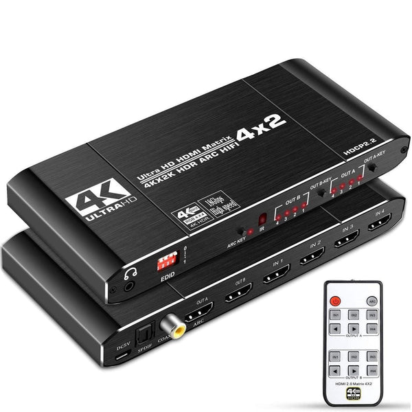 NÖRDIC HDMI matrix Switch 4 till 2 med Audio Extractor och ARC, 4Kx2K i 60Hz, YUV 4:4:4 18Gbps HDCP 2.2, 5.1 Surround, Metal