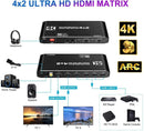 NÖRDIC HDMI matrix Switch 4 till 2 med Audio Extractor och ARC, 4Kx2K i 60Hz, YUV 4:4:4 18Gbps HDCP 2.2, 5.1 Surround, Metal