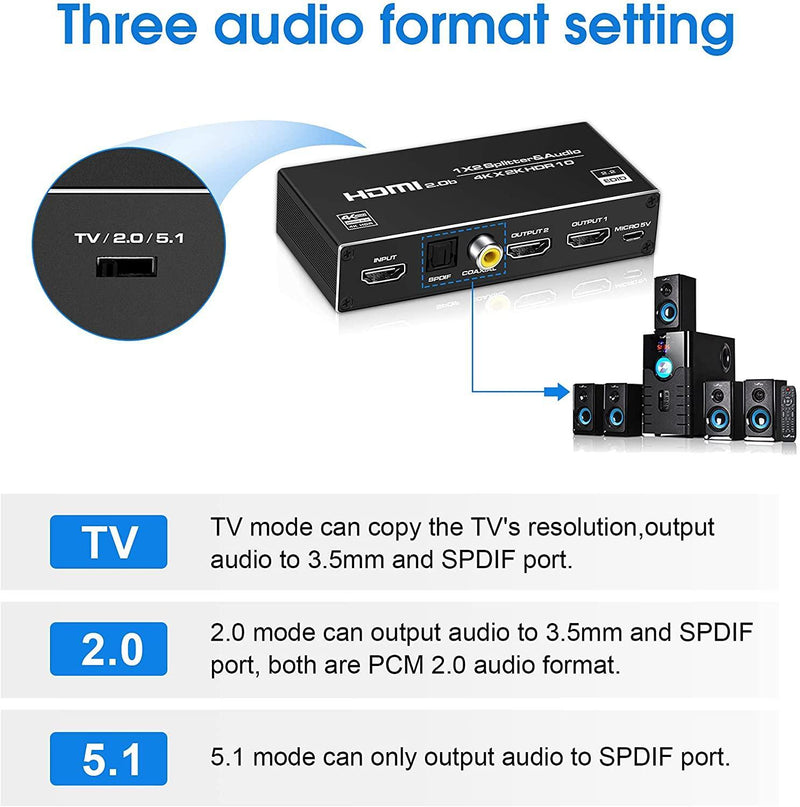 NÖRDIC HDMI splitter 1 till 2 med Audio Extractor 4K60Hz HDCP2.3 HDR10 Toslink SPDIF+Coaxial+3,5mm audio