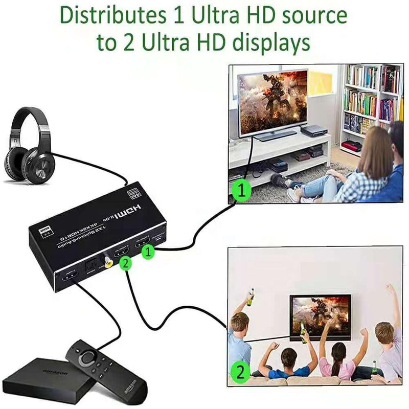 NÖRDIC HDMI splitter 1 till 2 med Audio Extractor 4K60Hz HDCP2.3 HDR10 Toslink SPDIF+Coaxial+3,5mm audio