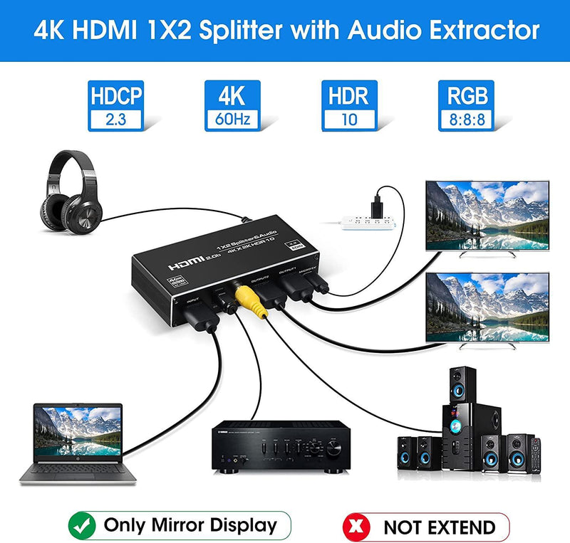 NÖRDIC HDMI splitter 1 till 2 med Audio Extractor 4K60Hz HDCP2.3 HDR10 Toslink SPDIF+Coaxial+3,5mm audio