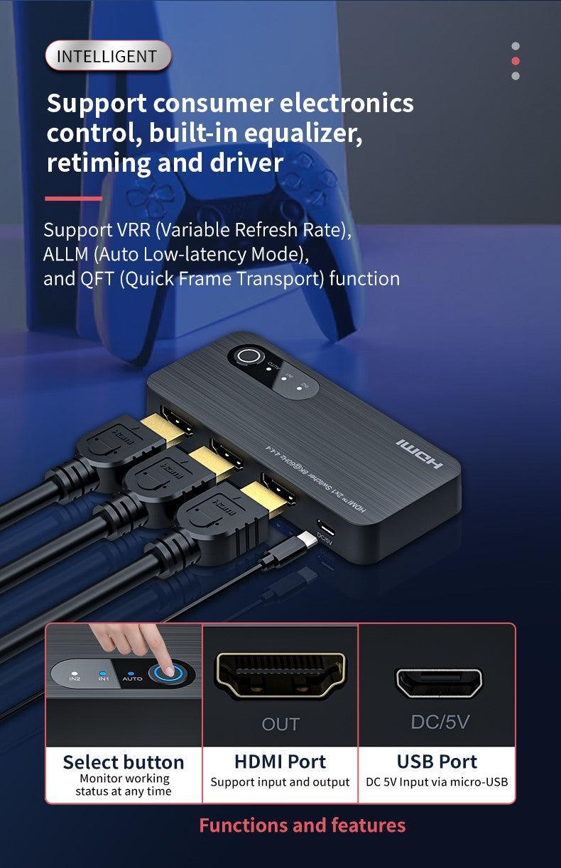 NÖRDIC HDMI switch 2 till 1 8K60Hz 4K120Hz 48Gbps HDR HDCP2.3 Surround 7.1 CEC