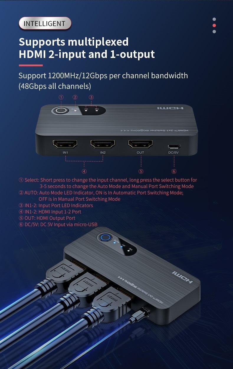 NÖRDIC HDMI switch 2 till 1 8K60Hz 4K120Hz 48Gbps HDR HDCP2.3 Surround 7.1 CEC