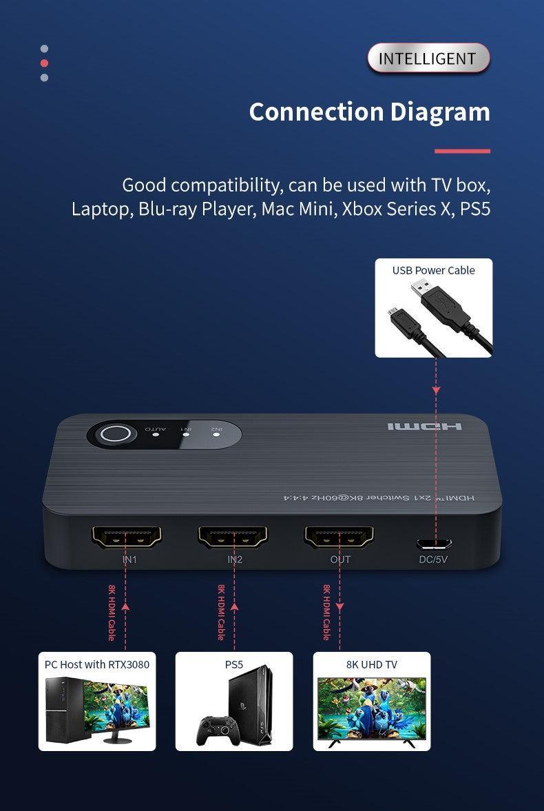 NÖRDIC HDMI switch 2 till 1 8K60Hz 4K120Hz 48Gbps HDR HDCP2.3 Surround 7.1 CEC