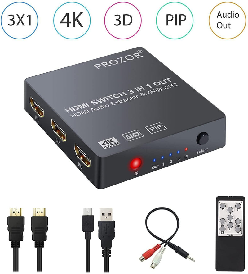 NÖRDIC HDMI switch 3 till1 4K30Hz 3D med audio extractor 1xOptisk toslink 1xstereo 3,5mm