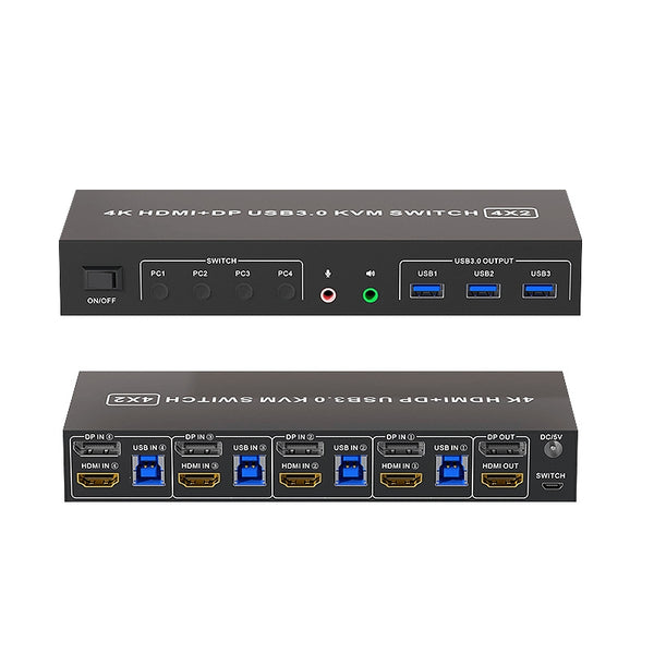 NÖRDIC KVM 4x2 Switch 4PC till Dual Monitor HDMI & DP 4K60Hz med 2x3.5mm och 3xUSB-A
