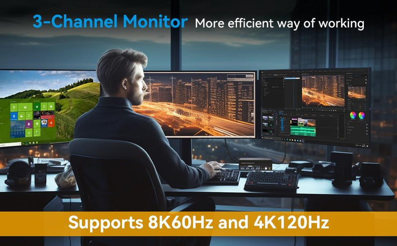 NÖRDIC KVM Switch 2 PC 3 Monitors 8K60Hz 4K144Hz Triple Monitor 2xDP 1xHDMI 4xUSB 3.0 Ports