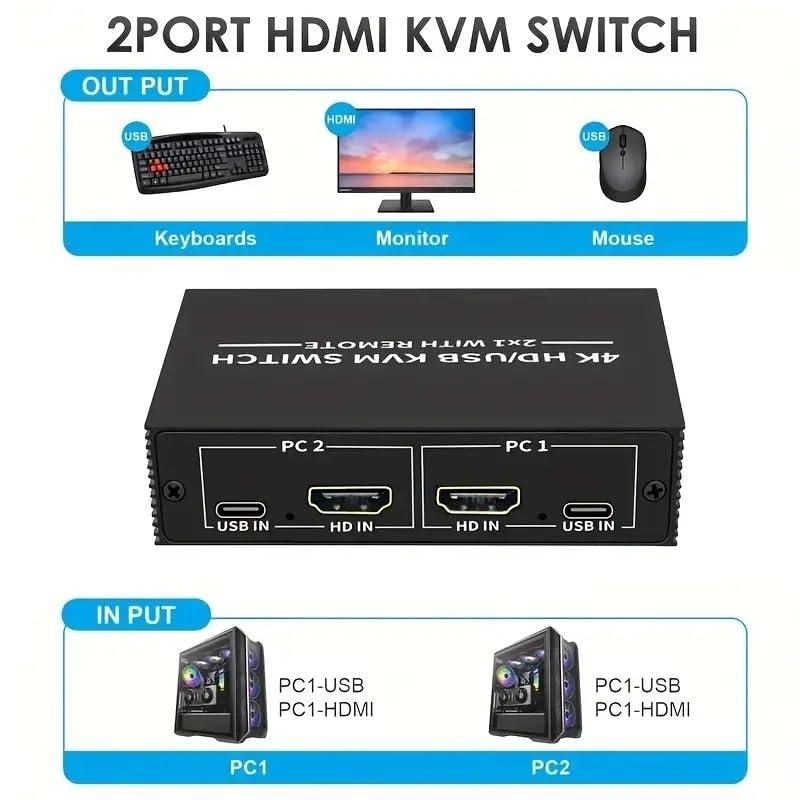 NÖRDIC KVM Switch 2 till 1 HDMI 2.0 4K60Hz för PC, Xbox, PS5 och bärbar med 4xUSB portar