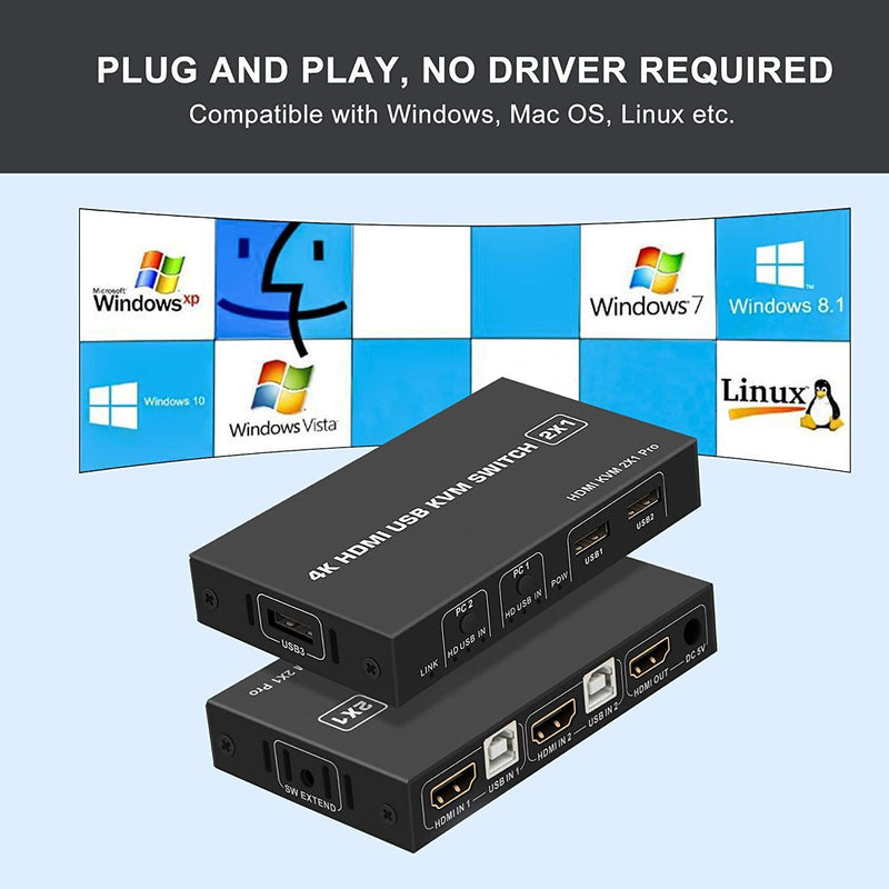 NÖRDIC KVM Switch 2 till 1 HDMI 2.0 4K60Hz för PC, Xbox, PS5 och bärbar med 3xUSB portar