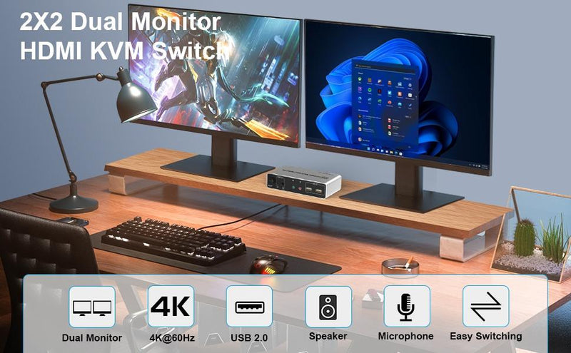 NÖRDIC KVM Switch 2x2 HDMI 4K60Hz 3xUSB2.0 Audio EDID