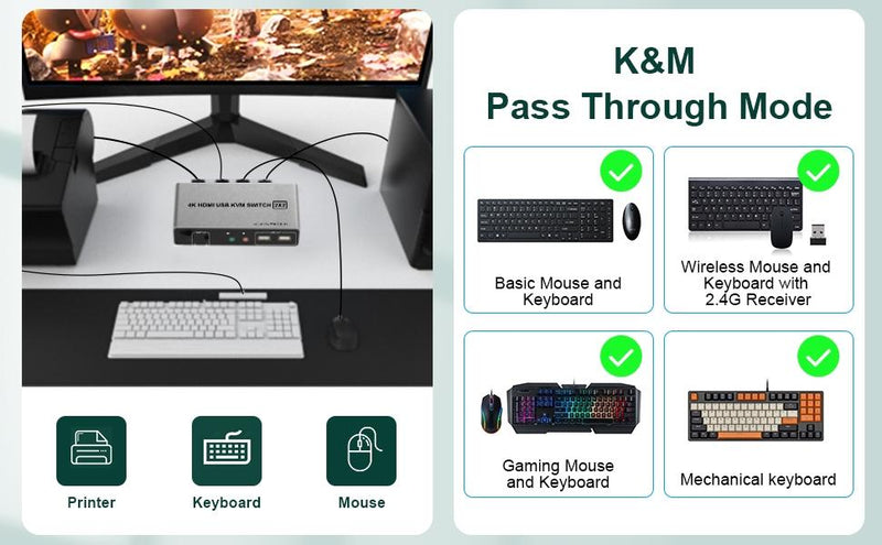 NÖRDIC KVM Switch 2x2 HDMI 4K60Hz 3xUSB2.0 Audio EDID