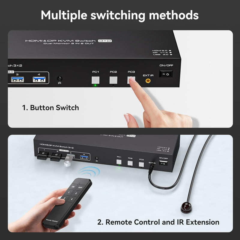 NÖRDIC KVM Switch 3 till 2 8K60Hz DP 1.4 HDMI 2.0 KVM USB 3.0