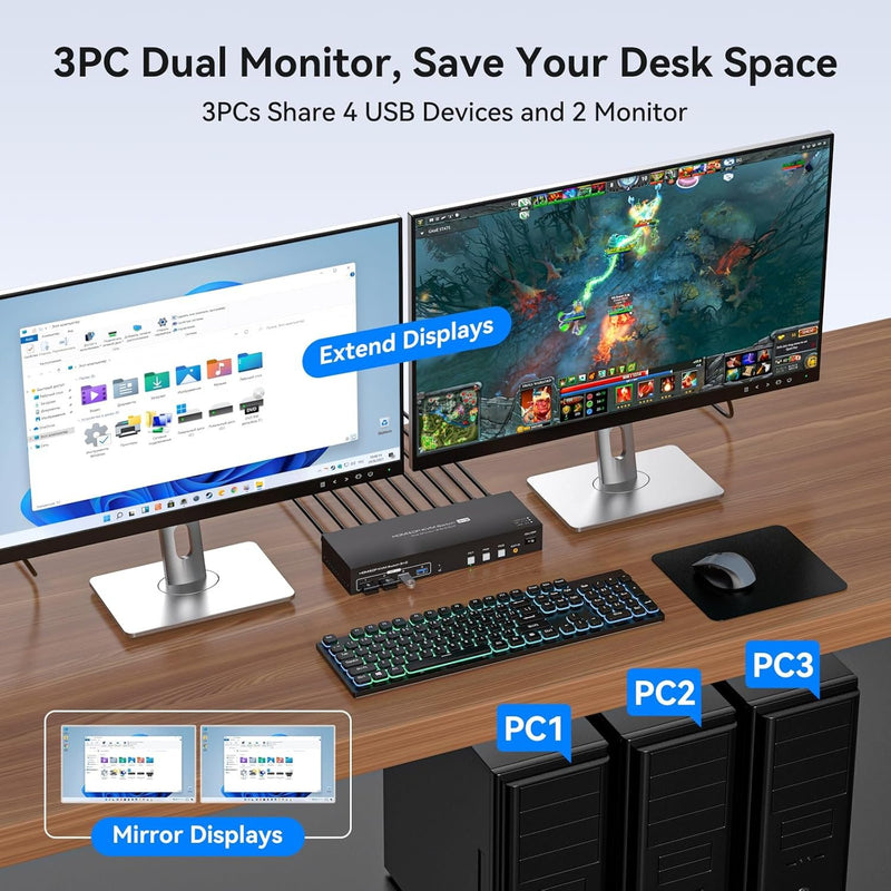 NÖRDIC KVM Switch 3 till 2 8K60Hz DP 1.4 HDMI 2.0 KVM USB 3.0