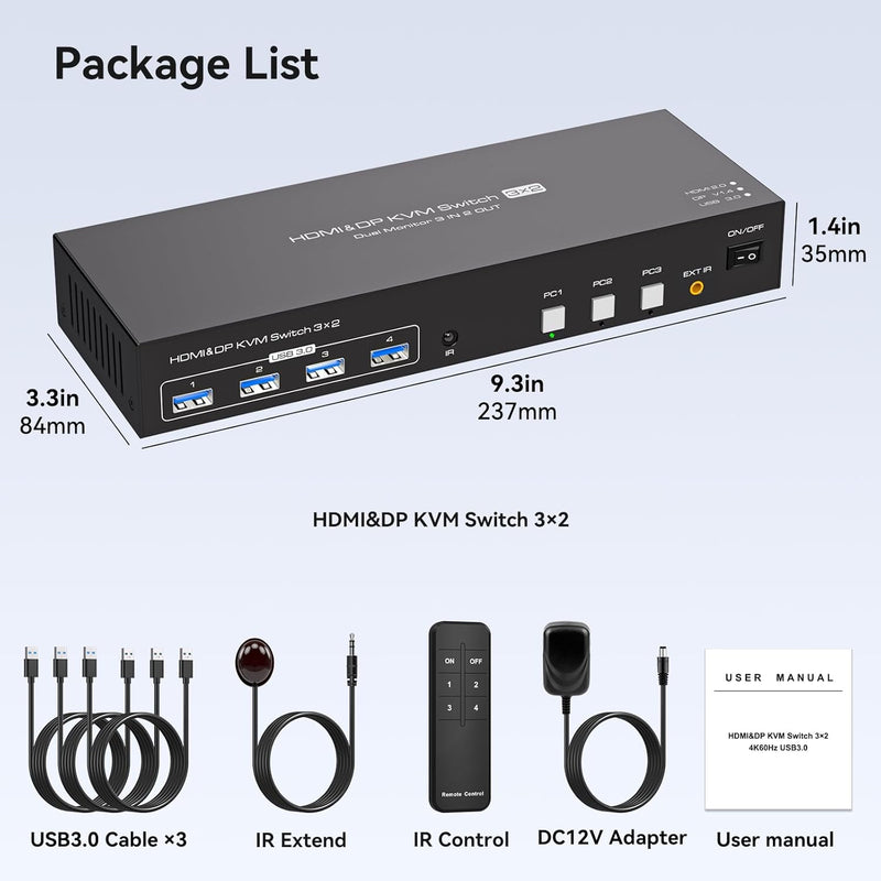 NÖRDIC KVM Switch 3 till 2 8K60Hz DP 1.4 HDMI 2.0 KVM USB 3.0