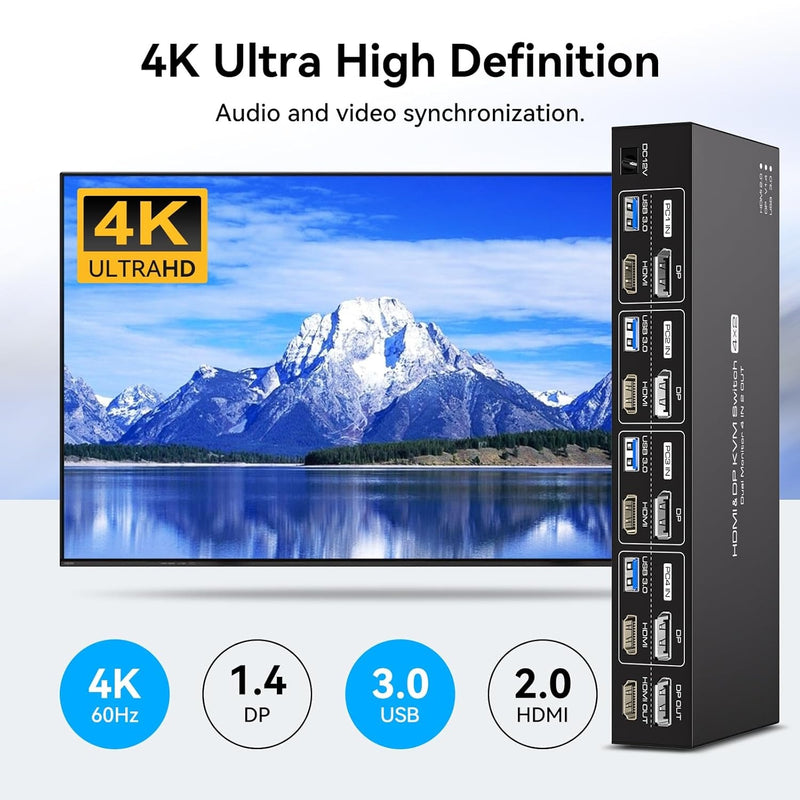 NÖRDIC KVM Switch 4 till 2 DP + HDMI 4K60Hz USB3.0