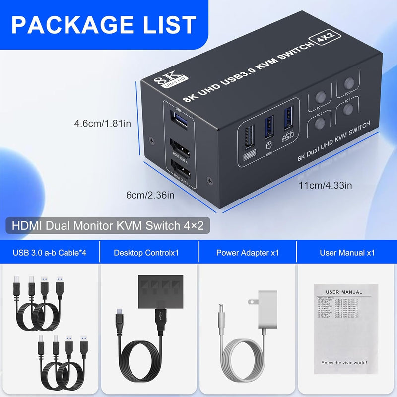 NÖRDIC KVM Switch 4 till 2 HDMI 2.1 8K@60Hz 4K@120Hz 4xUSB-A