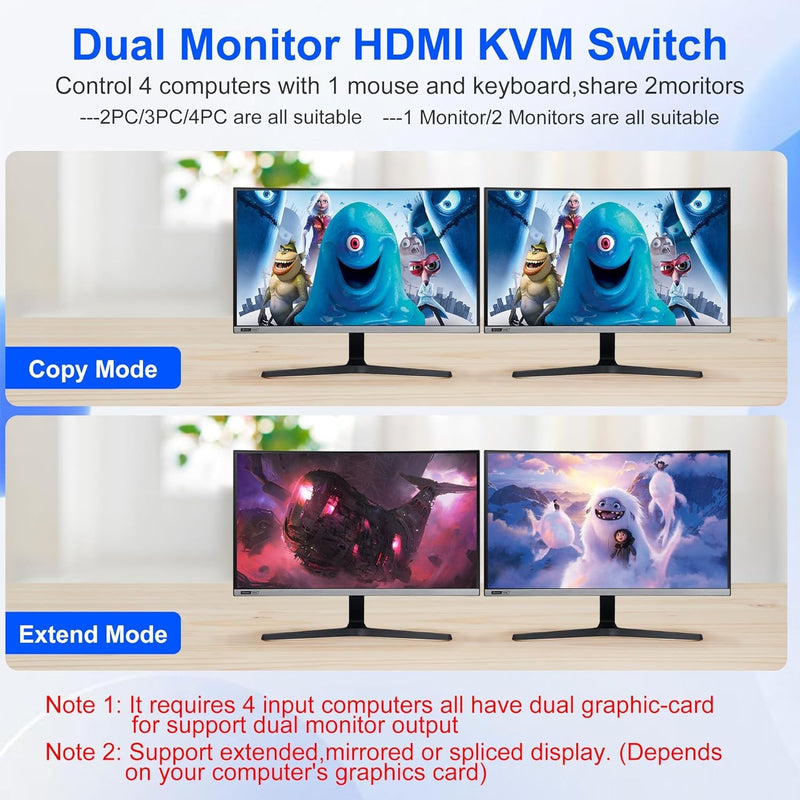 NÖRDIC KVM Switch 4 till 2 HDMI 2.1 8K@60Hz 4K@120Hz 4xUSB-A