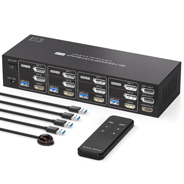NÖRDIC KVM Switch 4 till 3, 4xUSB3.0 2xDP 1xHDMI 8K30Hz med trådlös kontroll