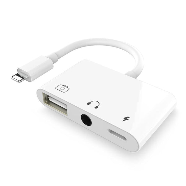 NÖRDIC Lightning adapter 1 till 3 portar 1xUSB A 1x audio 3,5mm och 1x Lightning för laddning