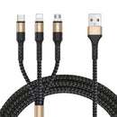 NÖRDIC Multiladdare kabel 1 till 3 USB A till Micro USB, Non MFI Lightning och USB C 1,2m Max 3A