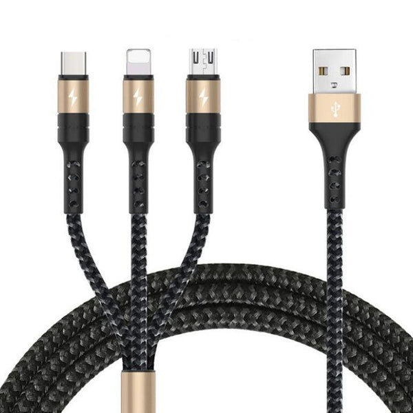 NÖRDIC Multiladdare kabel 1 till 3 USB A till Micro USB, Non MFI Lightning och USB C 1,2m Max 3A