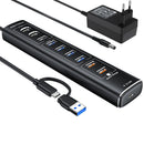 NÖRDIC Powered 10port USB-C & A Hubb, 3x10G USB-A och USB-C USB3.2 GEN2, 4x5G USB-A USB3.2 GEN1, 1xUSB-C 20W PD, 2xUSB-A laddning med individuell switch