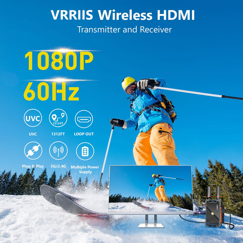 NÖRDIC Trådlös HDMI Sändare och Mottagare, 1080P Full HD Trådlöst Video-överföringssystem med Loop Out, 400m