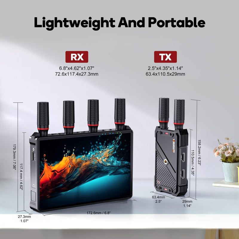 NÖRDIC Trådlös Portabel 7" skärm, video sändare och mottagare, 2.4G/5.0G, 4k HDMI INPUT / 1080p OUTPUT, 400m