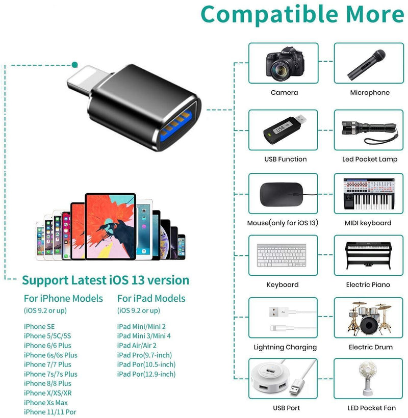 NÖRDIC USB3.0 OTG till Lightning adapter (Non MFI) svart stöd för iOS koppla USB enheter till Iphone och Ipad