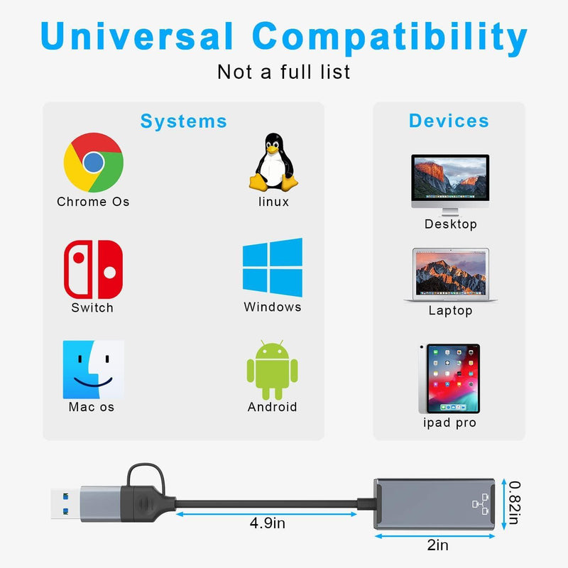 NÖRDIC USB-A och C 3.1 till Giga Ethernet Nätverksadapter USB-A och USB-C Space Grey Aluminium RTL8153