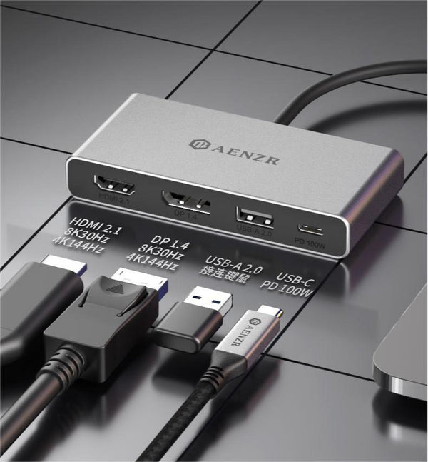 NÖRDIC USB-C 1 till 4 Dockningsstation 1xDP8K30Hz 1xHDMI8K30Hz 1xUSB-C PD 100W 1xUSB-A 2.0