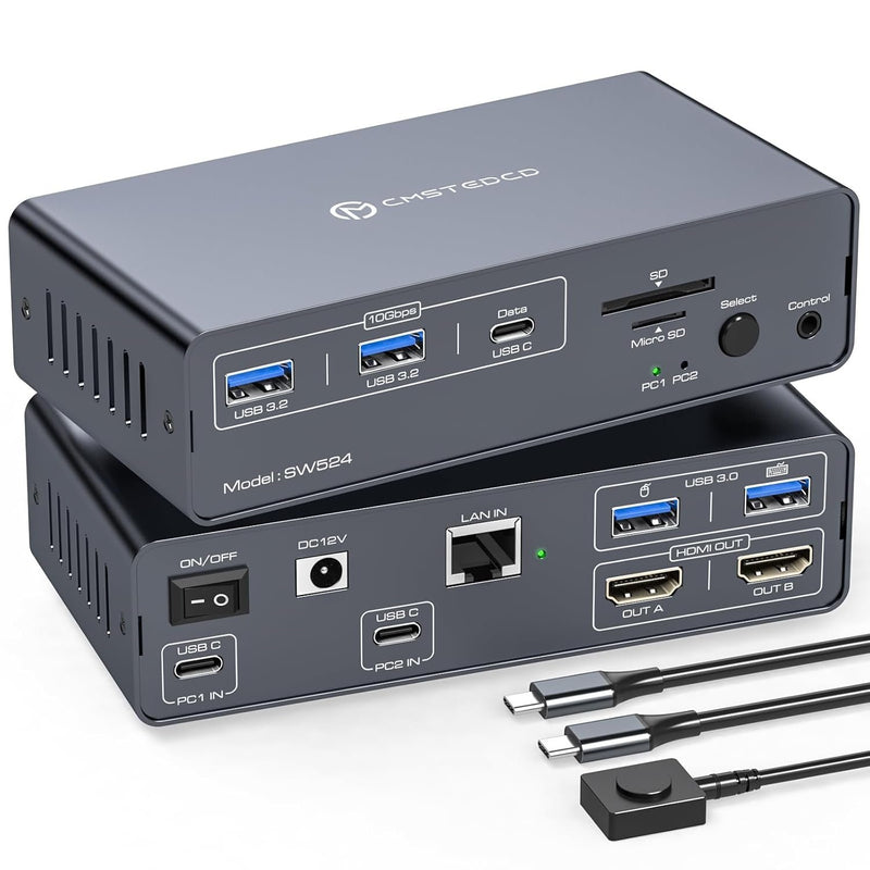 NÖRDIC USB-C Dockningsstation med KVM-switch 2 PC 2 skärmar 4K60Hz HDMI EDID 12-i-1 Gigabit Ethernet, kortläsare, 5xUSB-A och USB-C