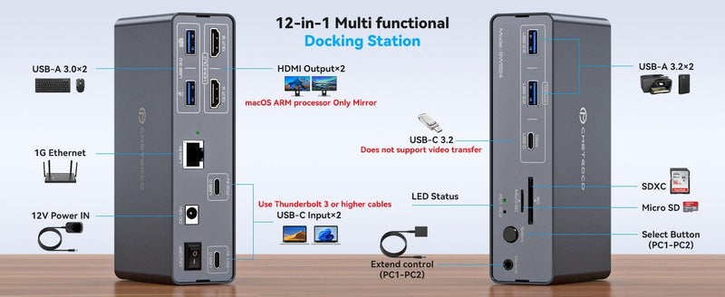 NÖRDIC USB-C Dockningsstation med KVM-switch 2 PC 2 skärmar 4K60Hz HDMI EDID 12-i-1 Gigabit Ethernet, kortläsare, 5xUSB-A och USB-C