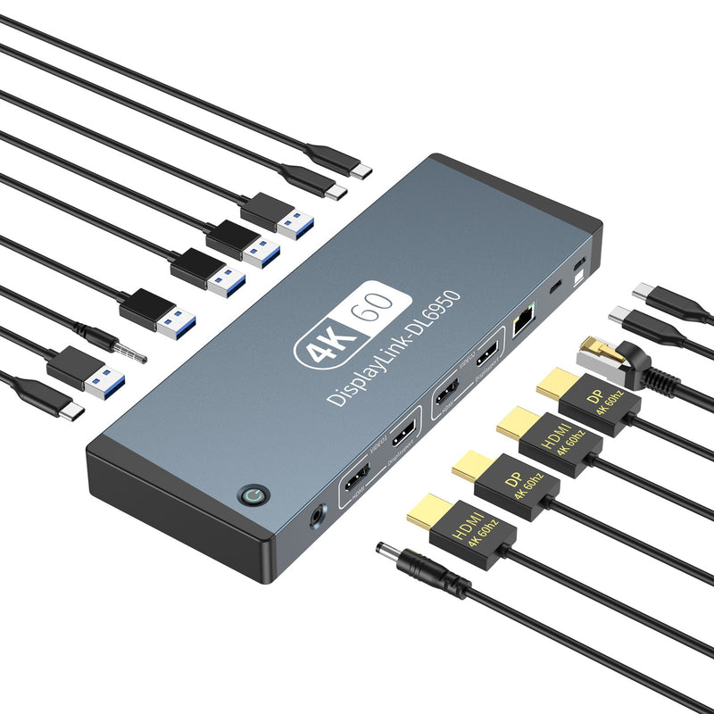NÖRDIC USB-C DisplayLink Dockningsstation 1 till 17 Dubbla skärmar HDMI + DP, 1xUSB-C PD 100W, 1xUSB-C QC, 2xUSB-C, 1xUSB-A QC, 4xUSB-A, 1xGigaLan