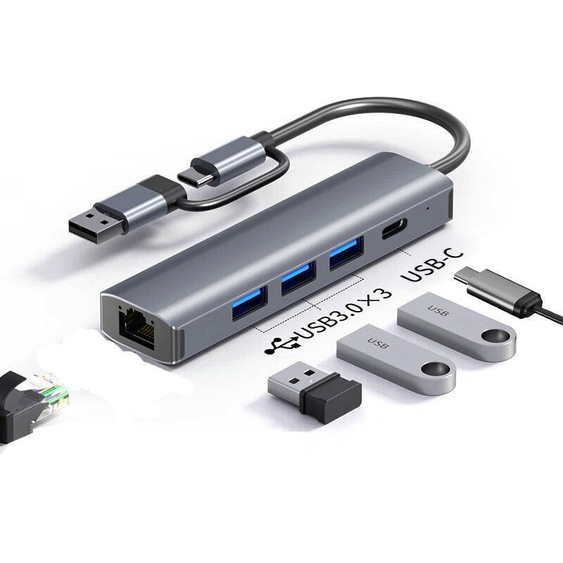 NÖRDIC USB Hubb USB-C eller A till 3xUSB-A 3.0 1xUSB-C 5Gbps 1xRJ45 Giga LAN