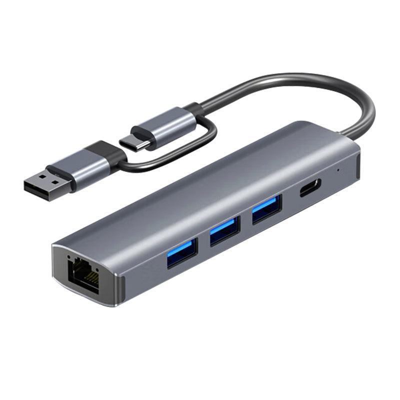 NÖRDIC USB Hubb USB-C eller A till 3xUSB-A 3.0 1xUSB-C 5Gbps 1xRJ45 Giga LAN