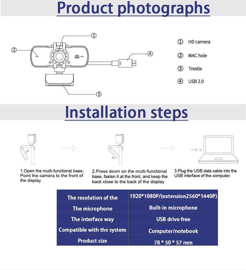 NÖRDIC USB Webcam 2K Full HD 30fps med mikrofon roterbar 360grader 3.7MP