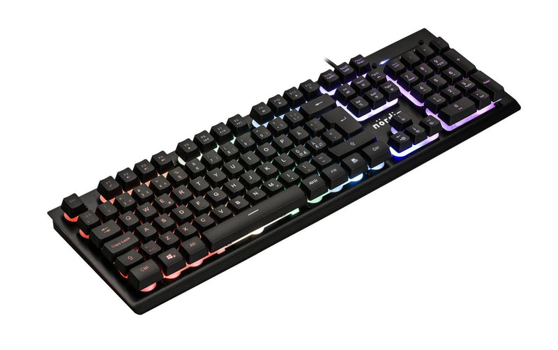 NÖRDIC bakgrundsbelyst trådat RGB gamingtangentbord, nordisk, membranbrytare, 25 anti-ghosting tangenter, mediatangenter, aluminium, ABS plast, USB