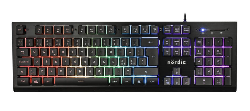 NÖRDIC bakgrundsbelyst trådat RGB gamingtangentbord, nordisk, membranbrytare, 25 anti-ghosting tangenter, mediatangenter, aluminium, ABS plast, USB