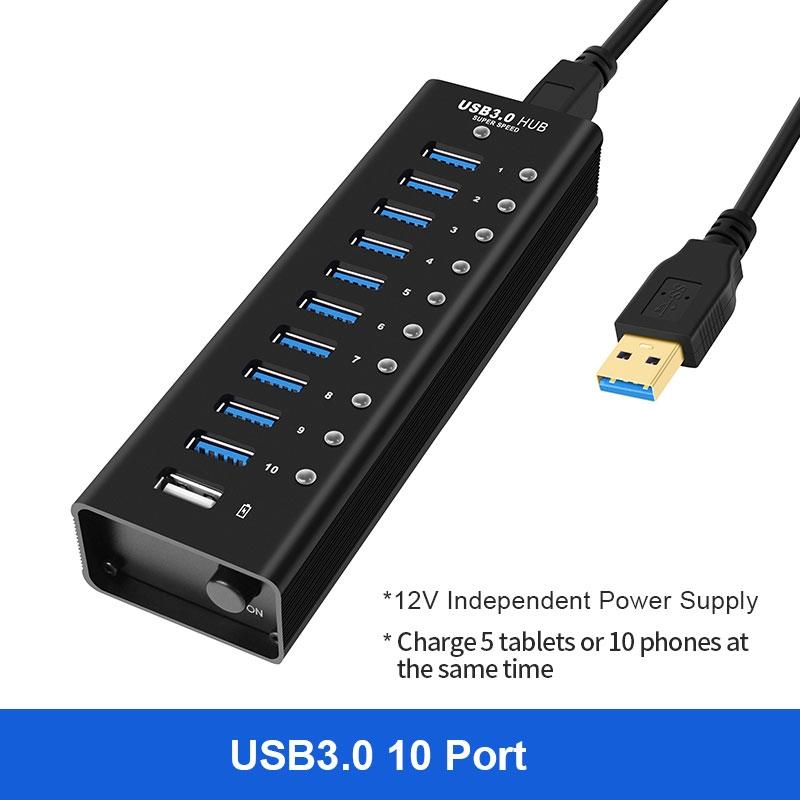 NÖRDIC powered 11-ports USB 3.0 HUB med individuell switch 5Gbps 1,2mm kabel aluminium svart med nätdel