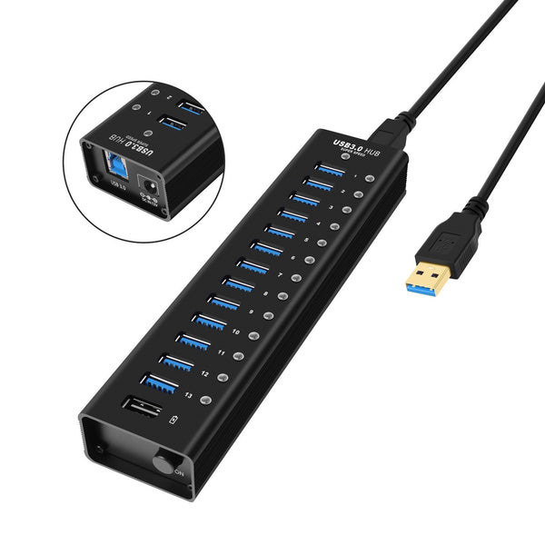 NÖRDIC powered 14-ports USB 3.0 HUB med individuell switch 5Gbps 1,2mm kabel aluminium svart med nätdel