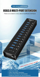 NÖRDIC powered 14-ports USB 3.0 HUB med individuell switch 5Gbps 1,2mm kabel aluminium svart med nätdel