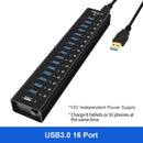 NÖRDIC powered 17-ports USB 3.0 HUB med individuell switch 5Gbps 1,2mm kabel aluminium svart med nätdel