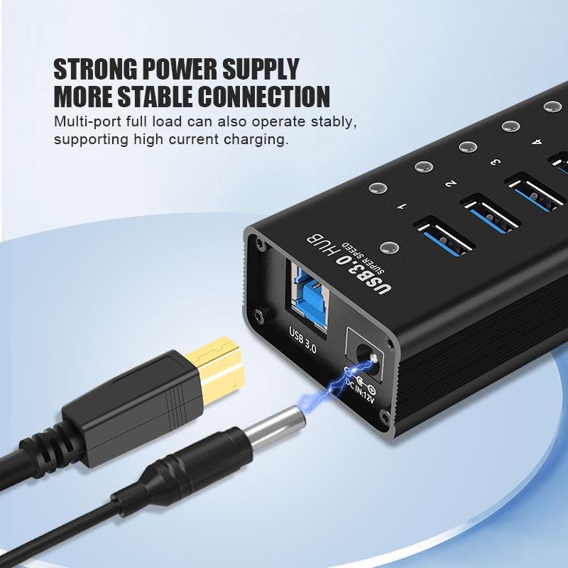 NÖRDIC powered 17-ports USB 3.0 HUB med individuell switch 5Gbps 1,2mm kabel aluminium svart med nätdel