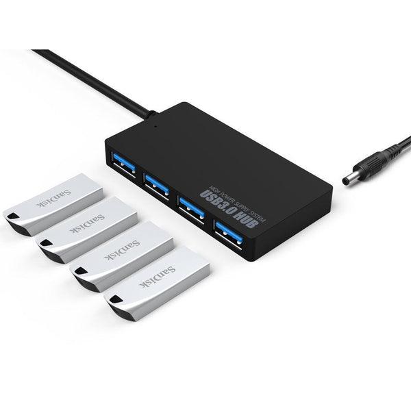 NÖRDIC powered 4-ports hubb USB 3.0 5Gbps med individuell switch 25cm kabel aluminium svart med nätdel