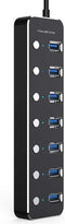 NÖRDIC powered 7-ports USB 3.0 HUB med individuell switch 5Gbps 25cm kabel aluminium svart med nätdel